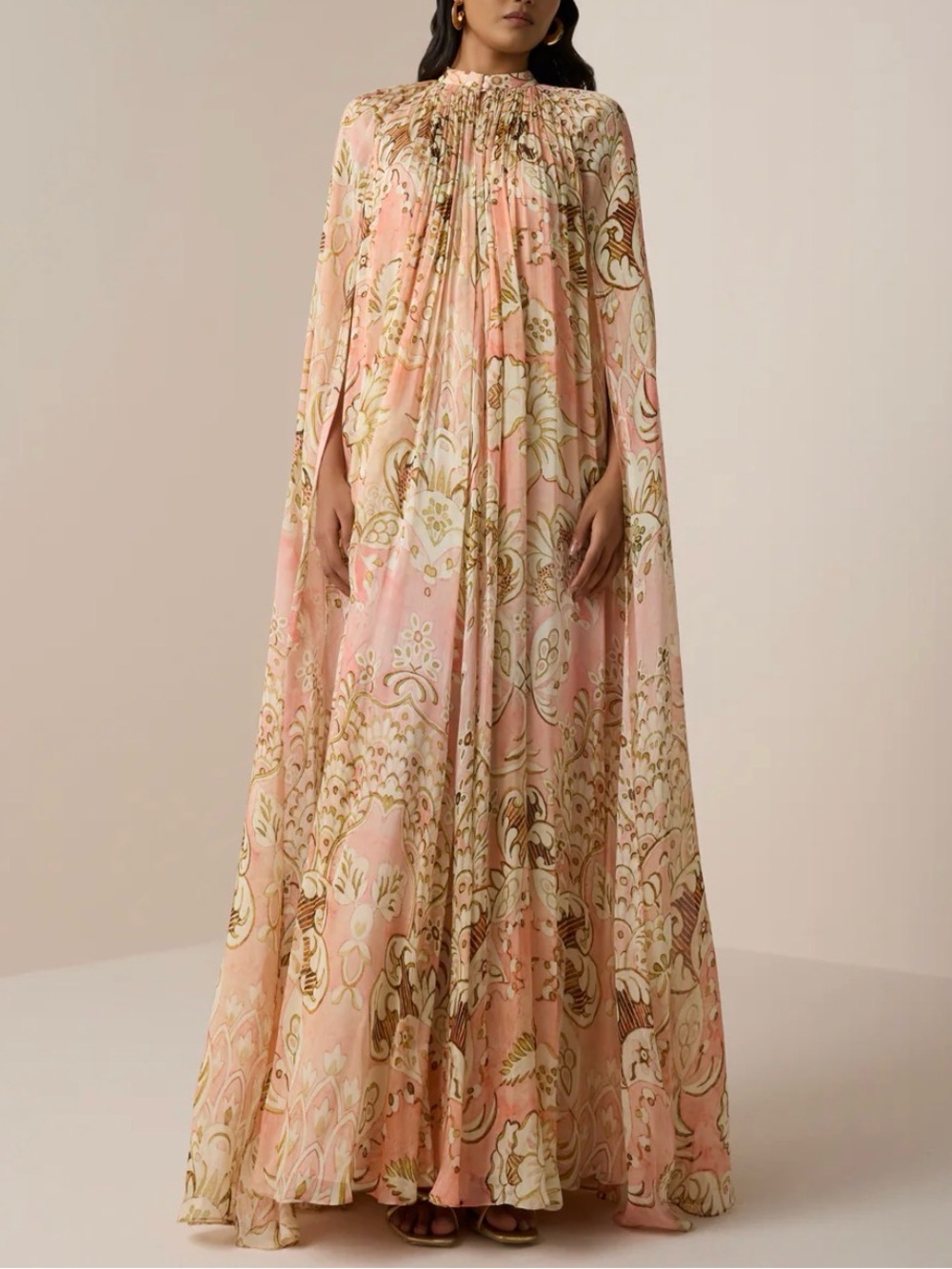 HEMANT & NANDITA Pink and Gold Floral Maxi Cape Dress - Picture 8 of 13